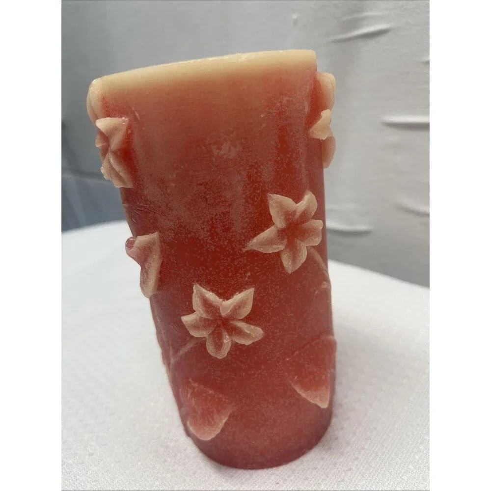 Vintage 6.5 x 3.5 Pink Yellow Raised Flowers Wax Pillar Candle Gift Unscented